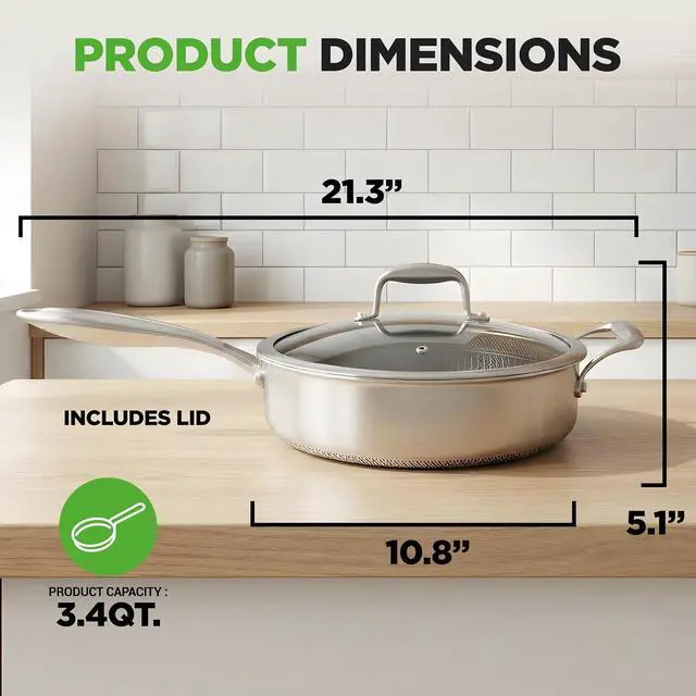 Alt view image 2 of 7 - NutriChef 3.4QT Deep Frying Pan with Lid - Stainless Steel Non-Stick Saute Pan, Scratch-Resistant Honeycomb Texture, Oven & Induction Safe Skillet