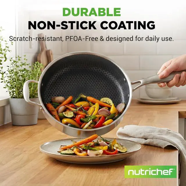 Alt view image 3 of 7 - NutriChef 3.4QT Deep Frying Pan with Lid - Stainless Steel Non-Stick Saute Pan, Scratch-Resistant Honeycomb Texture, Oven & Induction Safe Skillet