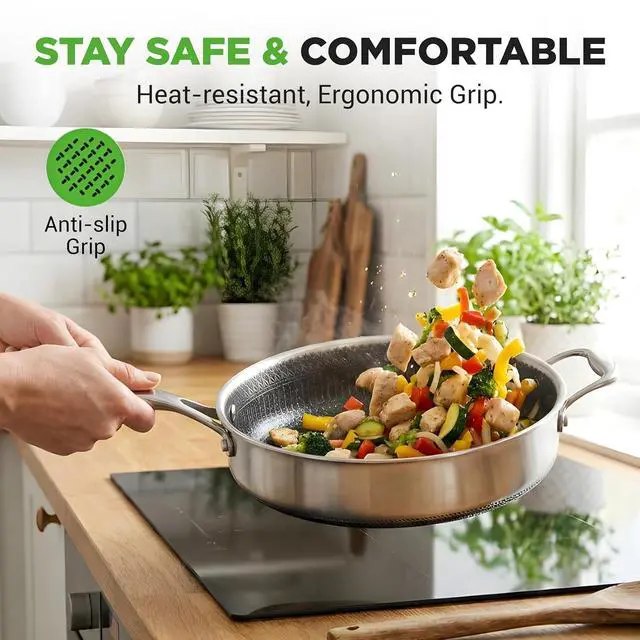 Alt view image 6 of 7 - NutriChef 3.4QT Deep Frying Pan with Lid - Stainless Steel Non-Stick Saute Pan, Scratch-Resistant Honeycomb Texture, Oven & Induction Safe Skillet