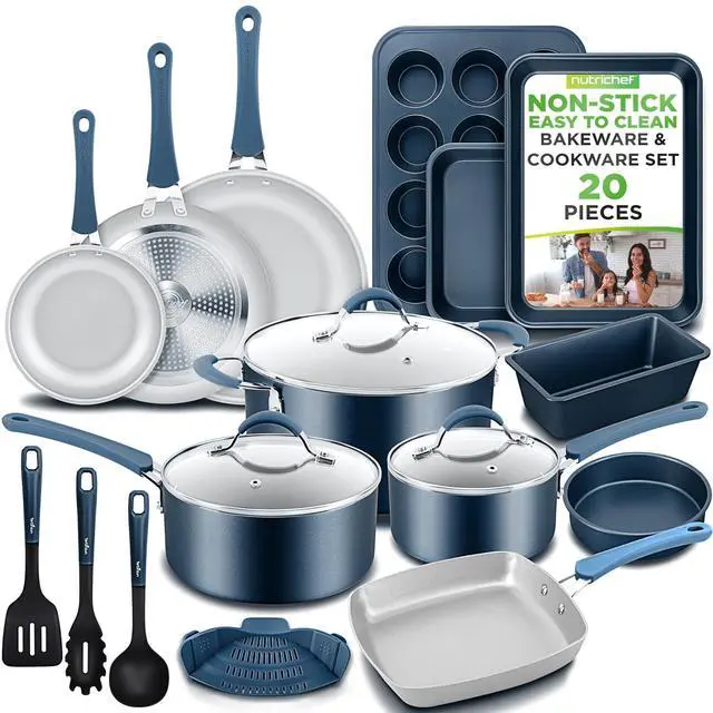 Main image of NutriChef Professional 20 Pc Pots and Pans Set Non Stick in Navy Blue - Includes Bakeware & Utensils, Induction Ready, Easy Clean