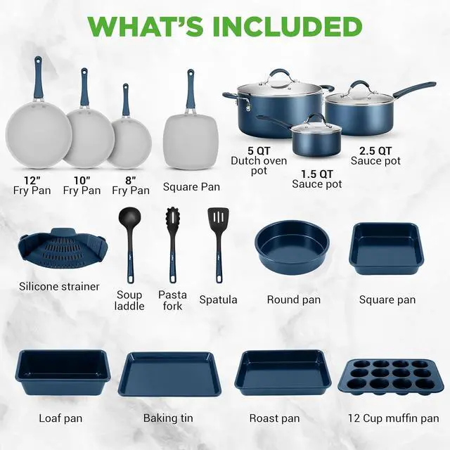 Alt view image 6 of 7 - NutriChef Professional 20 Pc Pots and Pans Set Non Stick in Navy Blue - Includes Bakeware & Utensils, Induction Ready, Easy Clean