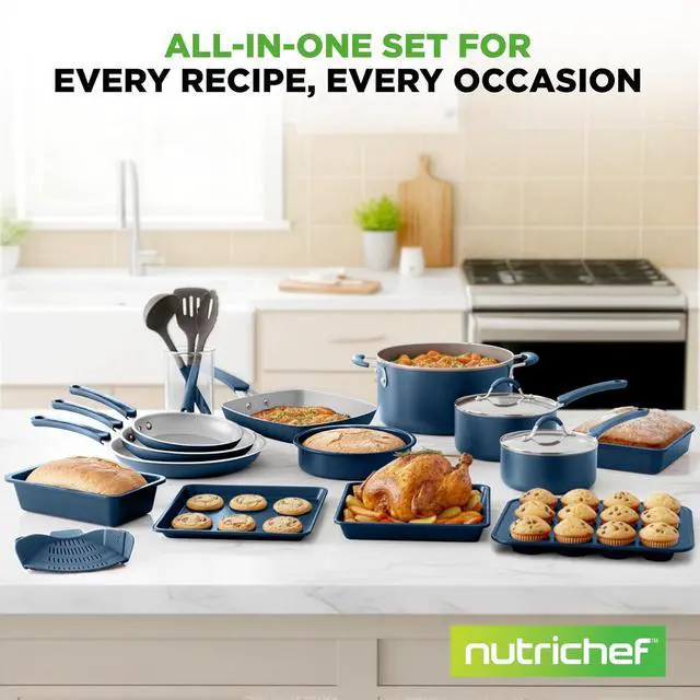Alt view image 7 of 7 - NutriChef Professional 20 Pc Pots and Pans Set Non Stick in Navy Blue - Includes Bakeware & Utensils, Induction Ready, Easy Clean