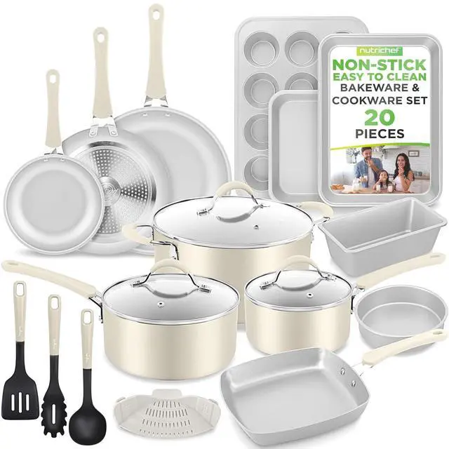 Main image of NutriChef 20-Piece Nonstick Cookware Set Pots and Pans Set with Bakeware & Utensils, Aluminum, Induction Compatible, PFOA & PFOS Free, Tempered Glass Lids, Easy-Clean (White)