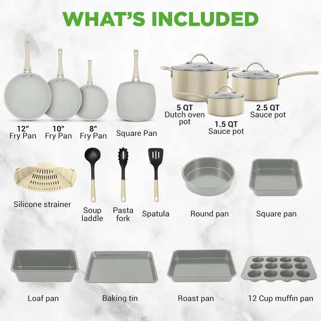 Alt view image 6 of 7 - NutriChef 20-Piece Nonstick Cookware Set Pots and Pans Set with Bakeware & Utensils, Aluminum, Induction Compatible, PFOA & PFOS Free, Tempered Glass Lids, Easy-Clean (White)