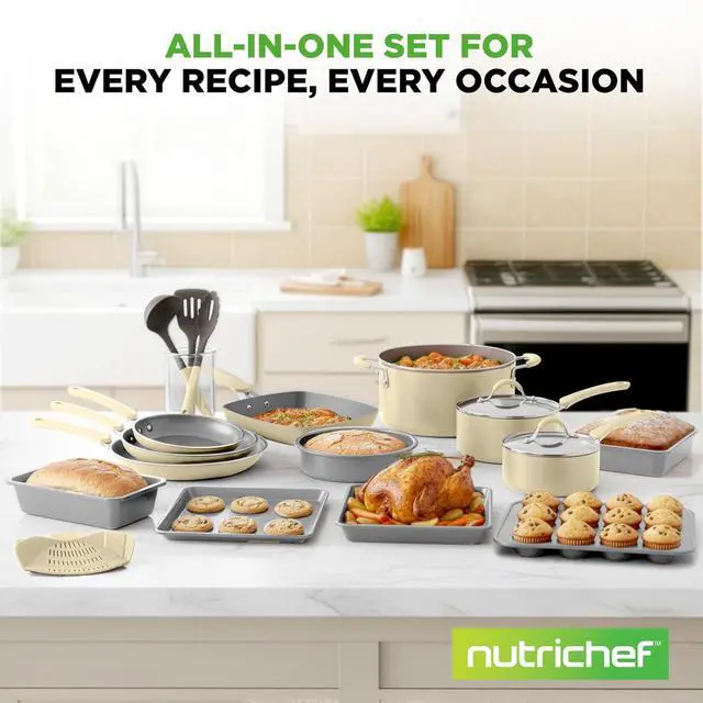 Alt view image 7 of 7 - NutriChef 20-Piece Nonstick Cookware Set Pots and Pans Set with Bakeware & Utensils, Aluminum, Induction Compatible, PFOA & PFOS Free, Tempered Glass Lids, Easy-Clean (White)