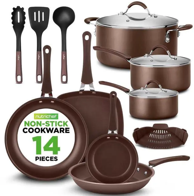 Main image of NutriChef 14-Piece Nonstick Brown Cookware Set - Scratch-Resistant Kitchen Pots and Pans with Lids & Utensils, For All Cooktops - NCCW14SBR
