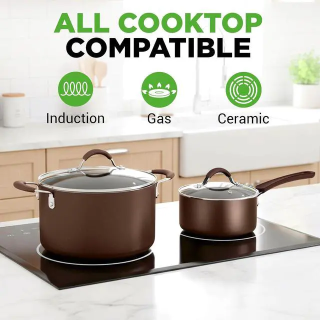 Alt view image 2 of 7 - NutriChef 14-Piece Nonstick Brown Cookware Set - Scratch-Resistant Kitchen Pots and Pans with Lids & Utensils, For All Cooktops - NCCW14SBR