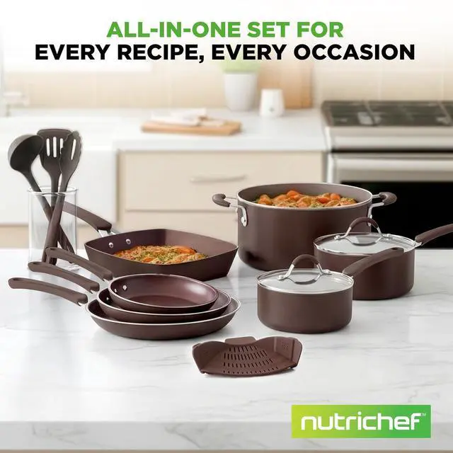 Alt view image 7 of 7 - NutriChef 14-Piece Nonstick Brown Cookware Set - Scratch-Resistant Kitchen Pots and Pans with Lids & Utensils, For All Cooktops - NCCW14SBR