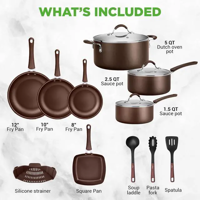 Alt view image 6 of 7 - NutriChef 14-Piece Nonstick Brown Cookware Set - Scratch-Resistant Kitchen Pots and Pans with Lids & Utensils, For All Cooktops - NCCW14SBR