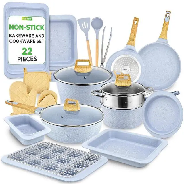 Main image of NutriChef 22-Piece Nonstick Ceramic Cookware Set Pots and Pans Set with Bakeware, Utensils & Oven Mitts, Induction Compatible, PTFE & PFAS Free, Tempered Glass Lids, Cool-Touch Handles