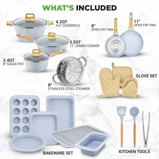 Alt view image 2 of 7 - NutriChef 22-Piece Nonstick Ceramic Cookware Set Pots and Pans Set with Bakeware, Utensils & Oven Mitts, Induction Compatible, PTFE & PFAS Free, Tempered Glass Lids, Cool-Touch Handles