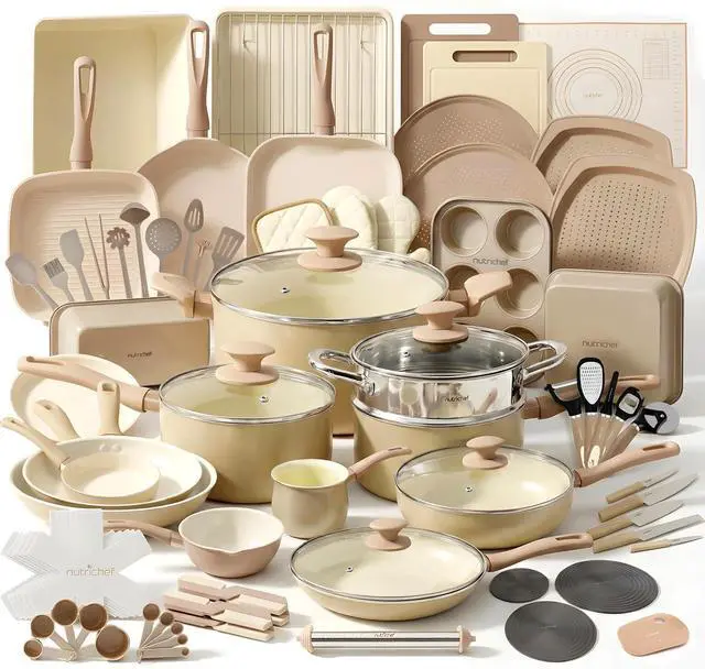 Main image of NutriChef 75-Piece Non-Stick Pots and Pans Set, Complete Ceramic Cookware Set with Bakeware, Utensils, Knife Set, & Accessories, Stain-Resistant, Food-Grade Safe, Cream/Brown