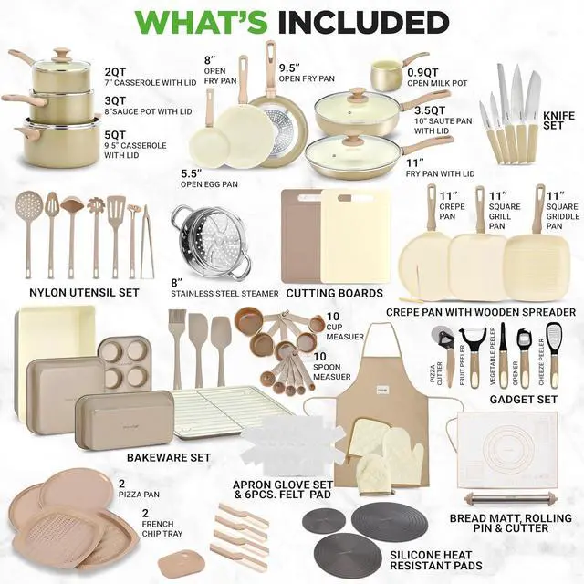 Alt view image 2 of 7 - NutriChef 75-Piece Non-Stick Pots and Pans Set, Complete Ceramic Cookware Set with Bakeware, Utensils, Knife Set, & Accessories, Stain-Resistant, Food-Grade Safe, Cream/Brown