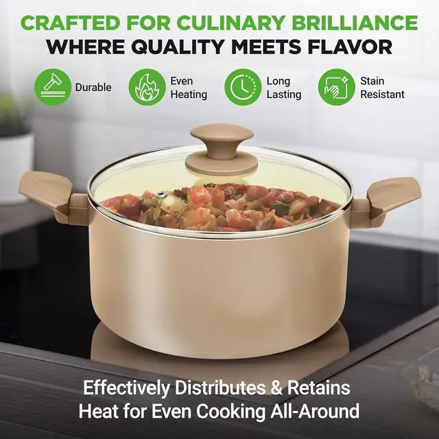 Alt view image 4 of 7 - NutriChef 75-Piece Non-Stick Pots and Pans Set, Complete Ceramic Cookware Set with Bakeware, Utensils, Knife Set, & Accessories, Stain-Resistant, Food-Grade Safe, Cream/Brown