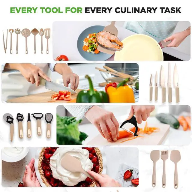 Alt view image 5 of 7 - NutriChef 75-Piece Non-Stick Pots and Pans Set, Complete Ceramic Cookware Set with Bakeware, Utensils, Knife Set, & Accessories, Stain-Resistant, Food-Grade Safe, Cream/Brown