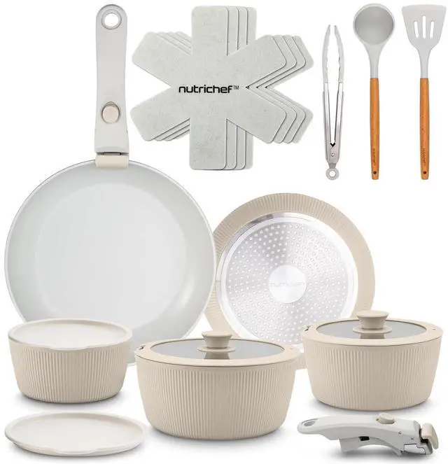 Main image of NutriChef 18-Piece Ceramic Cookware Set with Detachable Handles, Non Stick Pots and Pans, PTFE-Free Natural Ceramic Coating, Space-Saving Design, Oven & Stove Safe, Includes Utensils, Cream