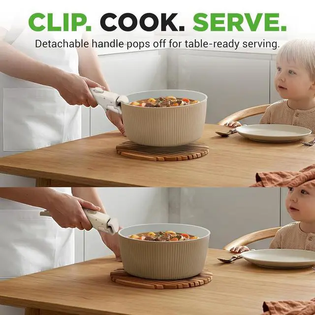 Alt view image 3 of 7 - NutriChef 18-Piece Ceramic Cookware Set with Detachable Handles, Non Stick Pots and Pans, PTFE-Free Natural Ceramic Coating, Space-Saving Design, Oven & Stove Safe, Includes Utensils, Cream