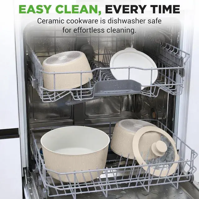 Alt view image 5 of 7 - NutriChef 18-Piece Ceramic Cookware Set with Detachable Handles, Non Stick Pots and Pans, PTFE-Free Natural Ceramic Coating, Space-Saving Design, Oven & Stove Safe, Includes Utensils, Cream