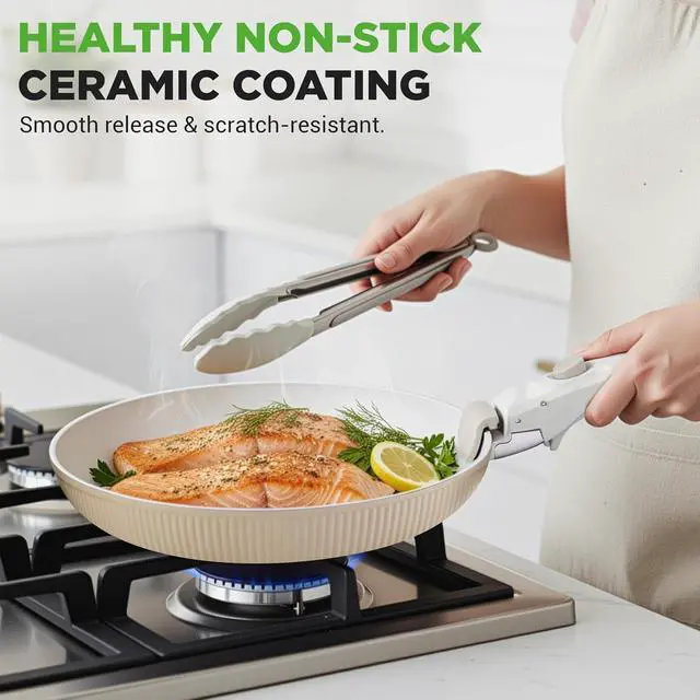 Alt view image 2 of 7 - NutriChef 18-Piece Ceramic Cookware Set with Detachable Handles, Non Stick Pots and Pans, PTFE-Free Natural Ceramic Coating, Space-Saving Design, Oven & Stove Safe, Includes Utensils, Cream