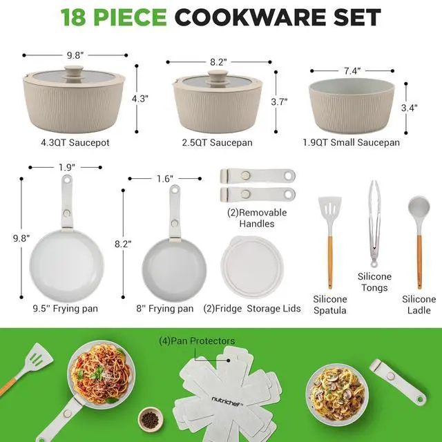 Alt view image 6 of 7 - NutriChef 18-Piece Ceramic Cookware Set with Detachable Handles, Non Stick Pots and Pans, PTFE-Free Natural Ceramic Coating, Space-Saving Design, Oven & Stove Safe, Includes Utensils, Cream