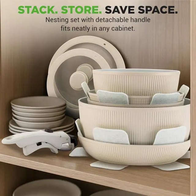 Alt view image 7 of 7 - NutriChef 18-Piece Ceramic Cookware Set with Detachable Handles, Non Stick Pots and Pans, PTFE-Free Natural Ceramic Coating, Space-Saving Design, Oven & Stove Safe, Includes Utensils, Cream