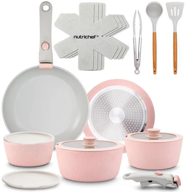 Main image of NutriChef 18-Piece Ceramic Cookware Set with Detachable Handles, Non Stick Pots and Pans, PTFE-Free Natural Ceramic Coating, Space-Saving Design, Oven & Stove Safe, Includes Utensils, Pink