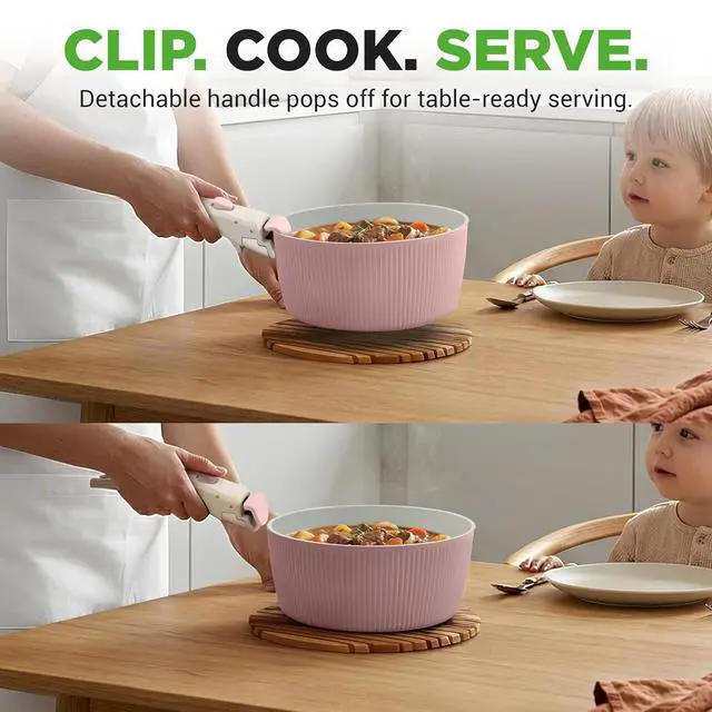 Alt view image 3 of 7 - NutriChef 18-Piece Ceramic Cookware Set with Detachable Handles, Non Stick Pots and Pans, PTFE-Free Natural Ceramic Coating, Space-Saving Design, Oven & Stove Safe, Includes Utensils, Pink