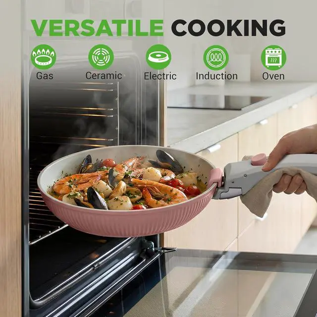 Alt view image 4 of 7 - NutriChef 18-Piece Ceramic Cookware Set with Detachable Handles, Non Stick Pots and Pans, PTFE-Free Natural Ceramic Coating, Space-Saving Design, Oven & Stove Safe, Includes Utensils, Pink