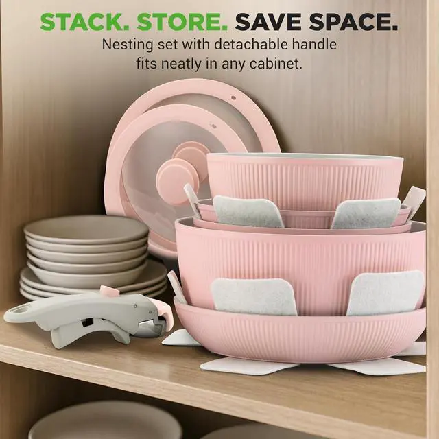 Alt view image 6 of 7 - NutriChef 18-Piece Ceramic Cookware Set with Detachable Handles, Non Stick Pots and Pans, PTFE-Free Natural Ceramic Coating, Space-Saving Design, Oven & Stove Safe, Includes Utensils, Pink
