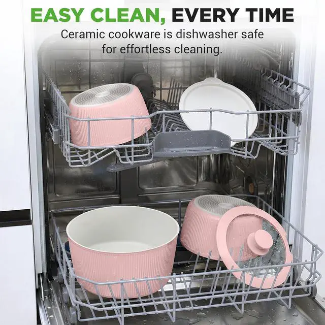 Alt view image 5 of 7 - NutriChef 18-Piece Ceramic Cookware Set with Detachable Handles, Non Stick Pots and Pans, PTFE-Free Natural Ceramic Coating, Space-Saving Design, Oven & Stove Safe, Includes Utensils, Pink
