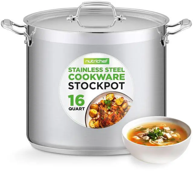 Main image of NutriChef 16-Quart Stainless Steel Stockpot - 18/8 Food Grade Heavy Duty Large Stock Pot for Stew, Simmering, Soup, Includes Lid, Dishwasher Safe, Works w/Induction, Ceramic & Halogen Cooktops