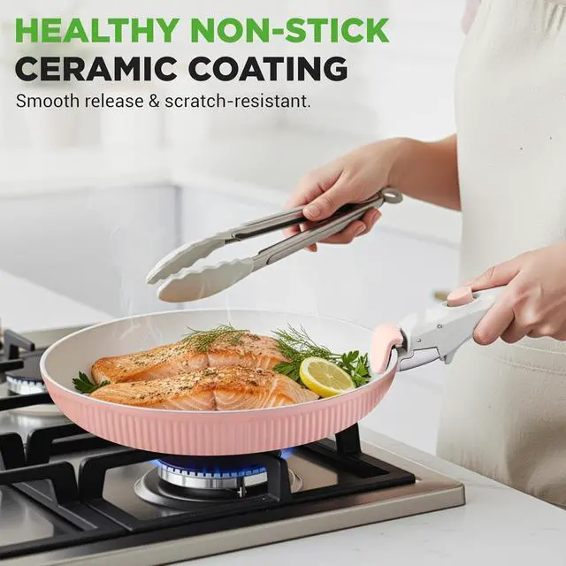 Alt view image 2 of 7 - NutriChef 18-Piece Ceramic Cookware Set with Detachable Handles, Non Stick Pots and Pans, PTFE-Free Natural Ceramic Coating, Space-Saving Design, Oven & Stove Safe, Includes Utensils, Pink