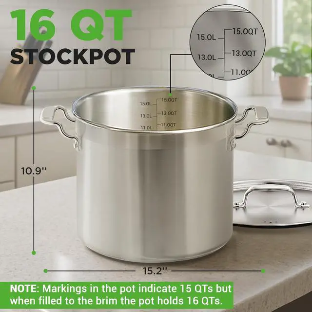 Alt view image 2 of 7 - NutriChef 16-Quart Stainless Steel Stockpot - 18/8 Food Grade Heavy Duty Large Stock Pot for Stew, Simmering, Soup, Includes Lid, Dishwasher Safe, Works w/Induction, Ceramic & Halogen Cooktops