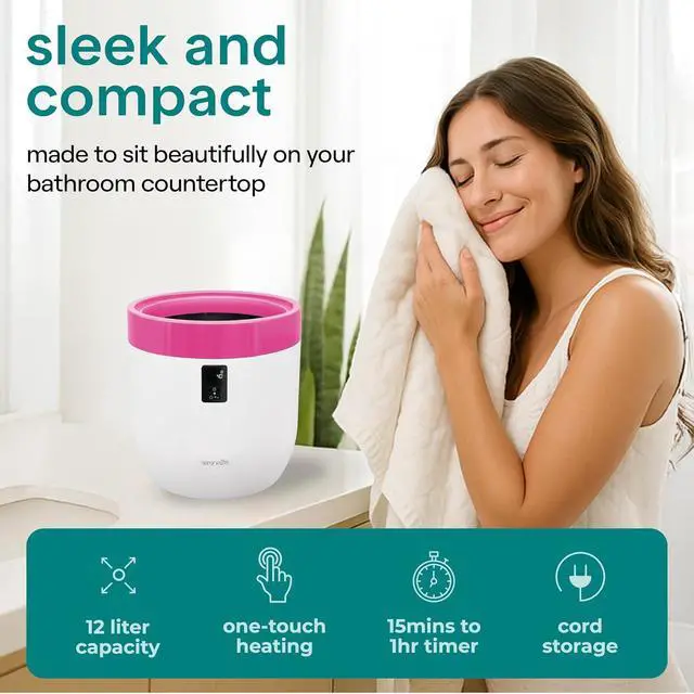 Alt view image 2 of 7 - SereneLife Counter Towel Warmer Bucket - with Customized Fragrance for Spa and Bathroom, Luxury Heater, Auto Shut Off, Fits 1 Large Blanket, Bathrobe, PJs (Pink)