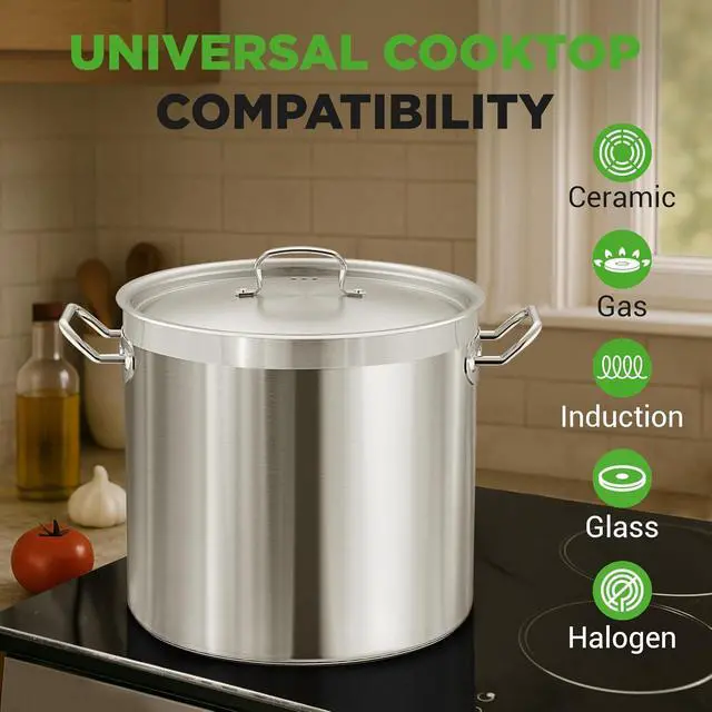 Alt view image 7 of 7 - Nutrichef Stainless Steel Cookware Stockpot, 35 Quart Heavy Duty Induction Soup Pot With Stainless Steel Lid And Strong Riveted Handles, Even Heat Distribution, Compatible With Most Cooktops