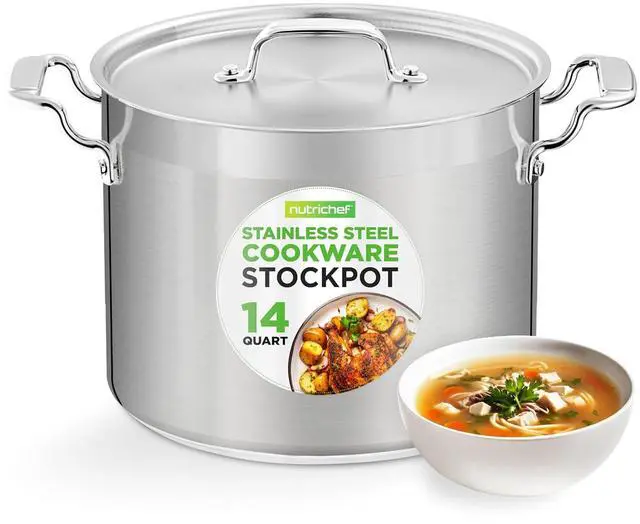 Main image of NutriChef Stainless Steel Cookware Stockpot - 14 Quart, Heavy Duty Induction Pot, Soup Pot with Stainless Steel Lid, Gas, Induction, Ceramic, Glass and Halogen Cooktops Compatible - NCSPT14Q