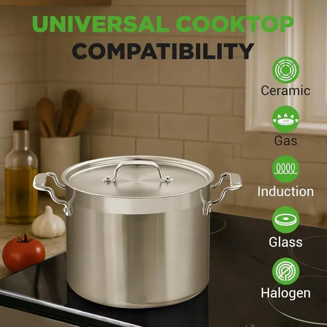 Alt view image 7 of 7 - NutriChef Stainless Steel Cookware Stockpot - 14 Quart, Heavy Duty Induction Pot, Soup Pot with Stainless Steel Lid, Gas, Induction, Ceramic, Glass and Halogen Cooktops Compatible - NCSPT14Q