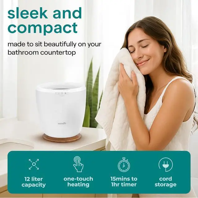 Alt view image 2 of 7 - SereneLife Counter Towel Warmer Bucket - with Customized Fragrance for Spa and Bathroom, Luxury Towel Heater, Auto Shut Off, Fits 1 Large Towel, Blanket, Bathrobe, PJs (Natural)