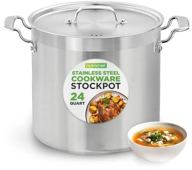 Main image of NutriChef Stainless Steel Cookware Stock Pot - 24 Quart, Heavy Duty Induction Soup Pot With Lid, Induction, Ceramic, Glass and Halogen Cooktops Compatible - NCSPT24Q