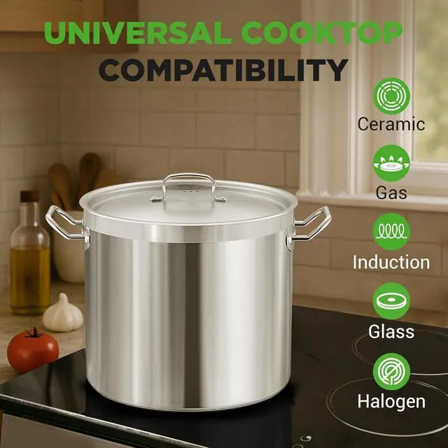 Alt view image 7 of 7 - Nutrichef Stainless Steel Cookware Stockpot, 30 Quart Heavy Duty Induction Soup Pot With Stainless Steel Lid And Strong Riveted Handles, Even Heat Distribution, Compatible With Most Cooktops