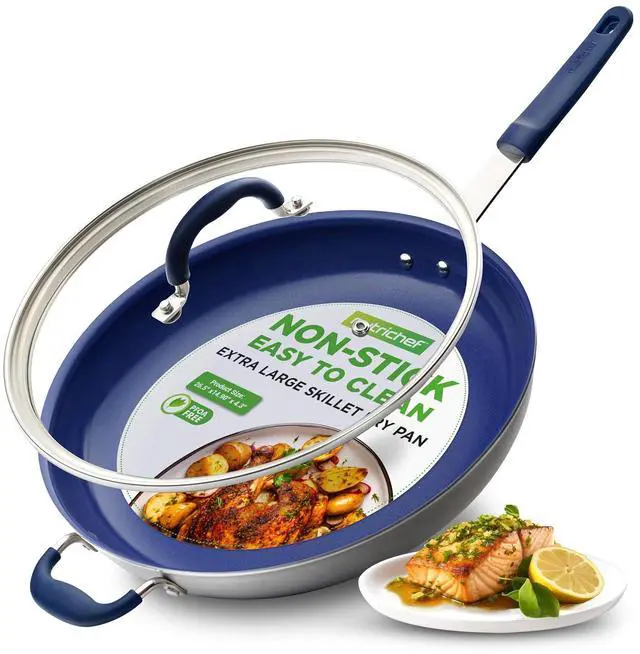 Main image of NutriChef 14" Fry Pan With Lid - Extra Large Skillet Nonstick Frying Pan with Silicone Handle, Ceramic Coating, Blue Silicone Handle, Stain-Resistant And Easy To Clean, Professional Home Cookware
