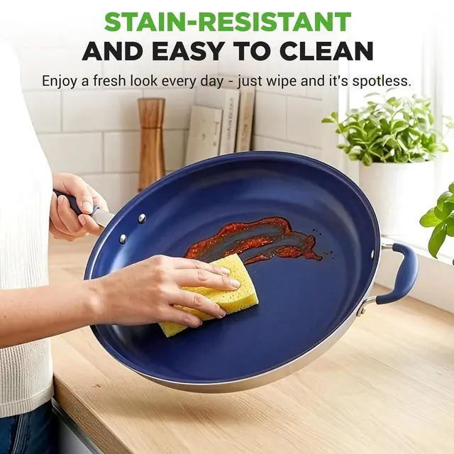 Alt view image 5 of 7 - NutriChef 14" Fry Pan With Lid - Extra Large Skillet Nonstick Frying Pan with Silicone Handle, Ceramic Coating, Blue Silicone Handle, Stain-Resistant And Easy To Clean, Professional Home Cookware