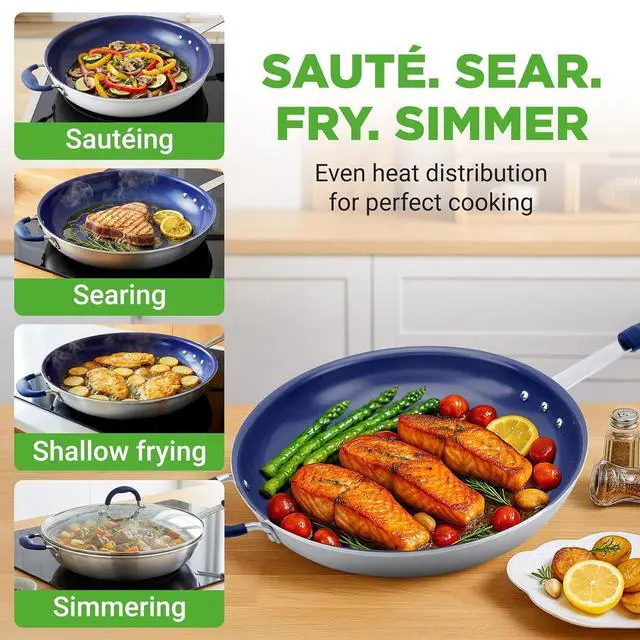 Alt view image 2 of 7 - NutriChef 14" Fry Pan With Lid - Extra Large Skillet Nonstick Frying Pan with Silicone Handle, Ceramic Coating, Blue Silicone Handle, Stain-Resistant And Easy To Clean, Professional Home Cookware