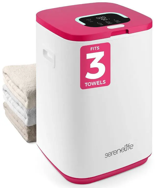 Main image of SereneLife Towel Warmer Bucket - Compact 23L Bathroom Towel Heater with Essential Oils Disc Holder, Adjustable Timer, Auto Shut-Off, Power Cord Storage & LED Display, Fits 2 Oversized Towels (Pink)