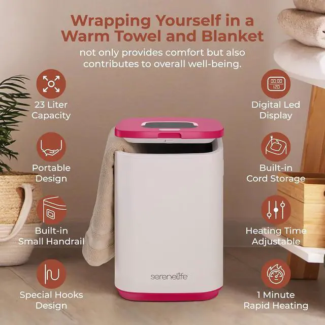 Alt view image 6 of 7 - SereneLife Towel Warmer Bucket - Compact 23L Bathroom Towel Heater with Essential Oils Disc Holder, Adjustable Timer, Auto Shut-Off, Power Cord Storage & LED Display, Fits 2 Oversized Towels (Pink)