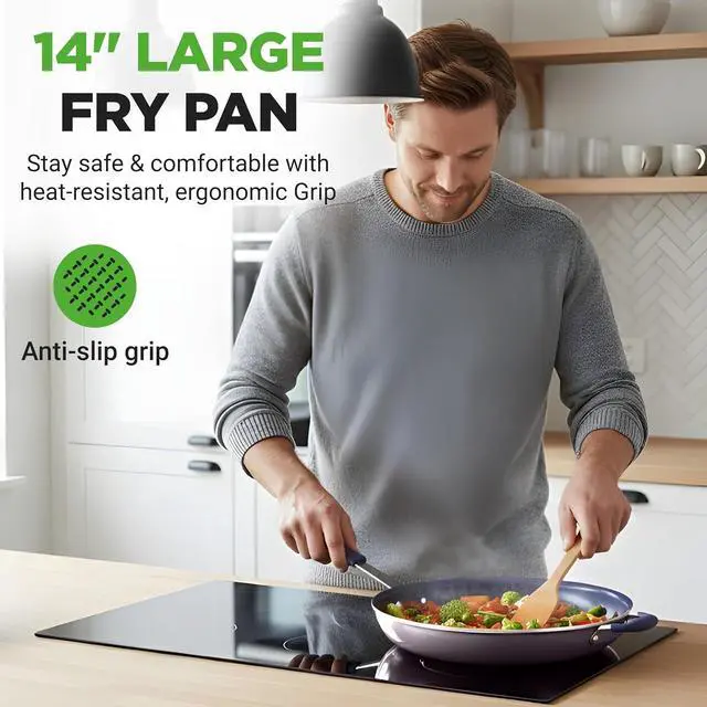 Alt view image 7 of 7 - NutriChef 14" Fry Pan With Lid - Extra Large Skillet Nonstick Frying Pan with Silicone Handle, Ceramic Coating, Blue Silicone Handle, Stain-Resistant And Easy To Clean, Professional Home Cookware