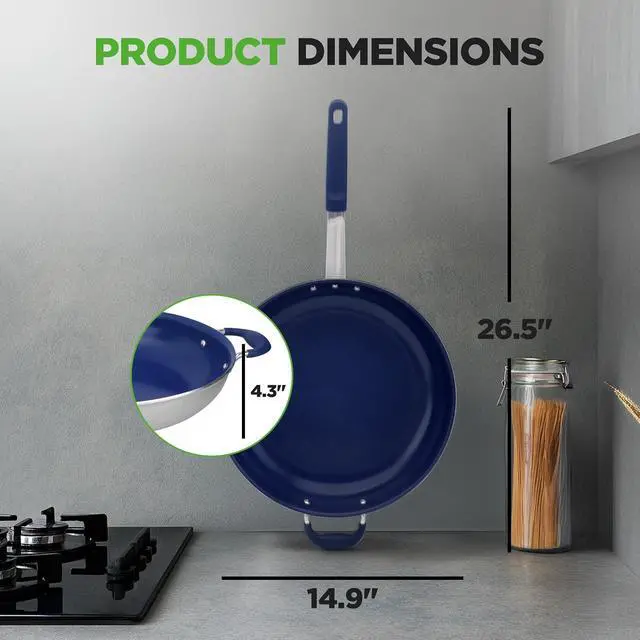 Alt view image 6 of 7 - NutriChef 14" Fry Pan With Lid - Extra Large Skillet Nonstick Frying Pan with Silicone Handle, Ceramic Coating, Blue Silicone Handle, Stain-Resistant And Easy To Clean, Professional Home Cookware