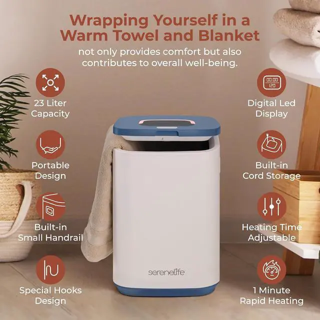 Alt view image 6 of 7 - SereneLife Towel Warmer Bucket - Compact 23L Bathroom Towel Heater w/Essential Oils Disc Holder, Adjustable Timer, Auto Shut-Off, Power Cord Storage & LED Display, Fits 2 Oversized Towels (Blue Snow)