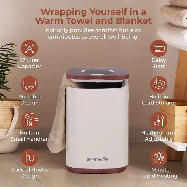 Alt view image 6 of 7 - SereneLife Towel Warmer Bucket - Compact 23L Bathroom Towel Heater w/Essential Oils Disc Holder, Adjustable Timer, Auto Shut-Off, Power Cord Storage, LED Display, Fits 2 Oversized Towels (Wood Color)