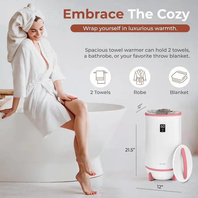 Alt view image 2 of 7 - SereneLife Towel and Blanket Warmer - Single Touch Portable Towel Heater for Bathroom, Fragrant Disc Holder, LED Ring, 2 Large Towel Capacity, Built-in Timer (15-60 mins), Auto Shut-Off (Pink)